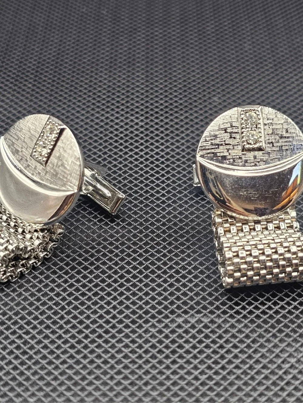 Vintage Silver Tone Cufflinks with Rhinestone Accents and Mesh Detailing